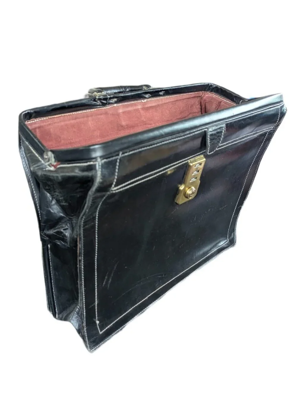 Vintage Black Leather Hinged-Mouth Briefcase - with Lock
